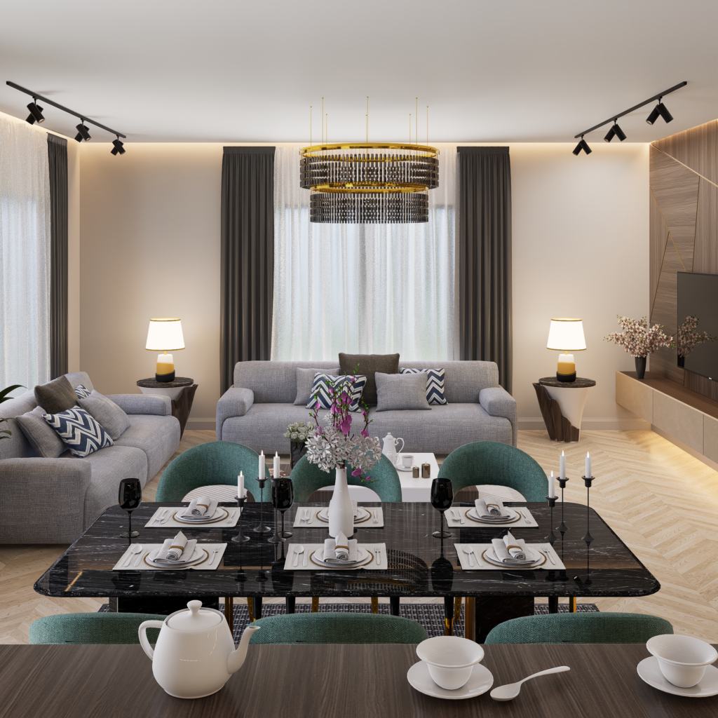 Contemporary open plan living room with sleek furniture and a dining area, showcasing stylish interior design.